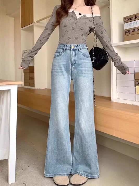 Kumikumi retro blue jeans women's spring high waist slim mopping pants trousers versatile loose wide-leg pants