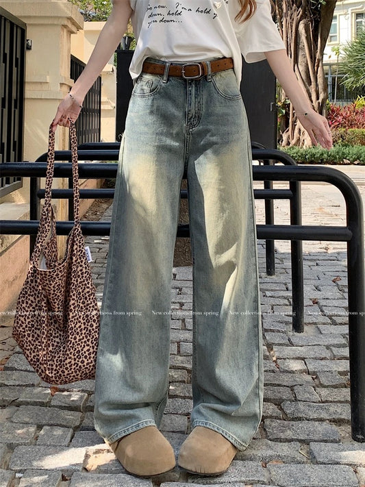 Hong Kong style retro wide-leg jeans for women in spring, old loose straight pants, small high-waisted trousers, mopping pants
