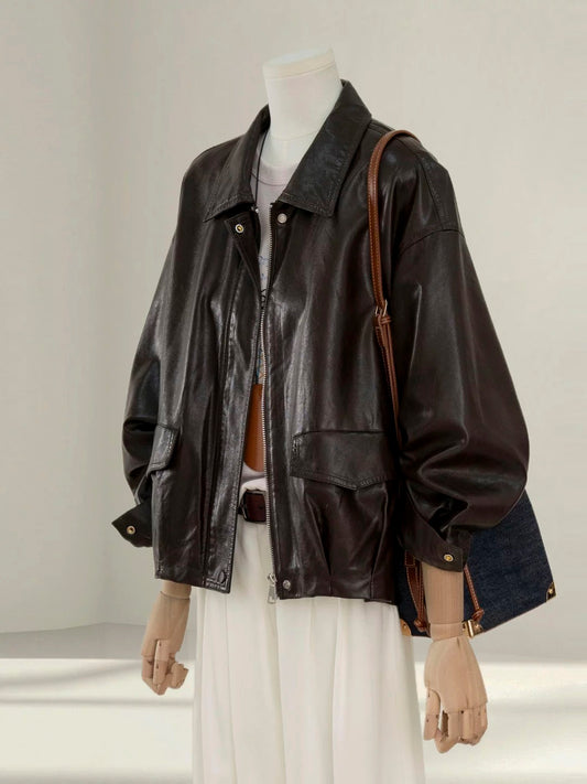 Brown leather jacket for women petite 2025 autumn new loose casual versatile PU leather jacket short top