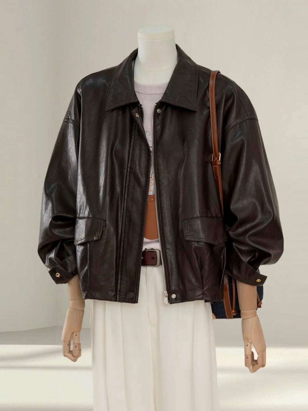 Brown leather jacket for women petite 2025 autumn new loose casual versatile PU leather jacket short top