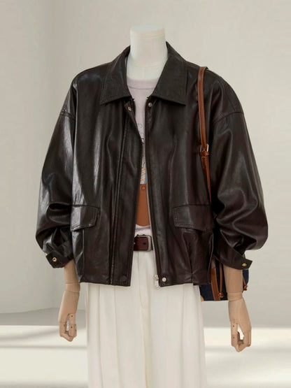 Brown leather jacket for women petite 2025 autumn new loose casual versatile PU leather jacket short top