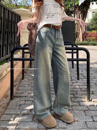 Hong Kong style retro wide-leg jeans for women in spring, old loose straight pants, small high-waisted trousers, mopping pants