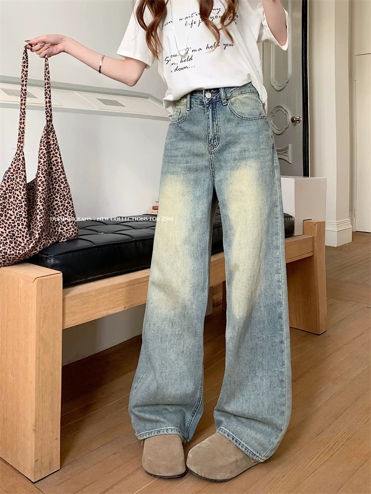Hong Kong style retro wide-leg jeans for women in spring, old loose straight pants, small high-waisted trousers, mopping pants