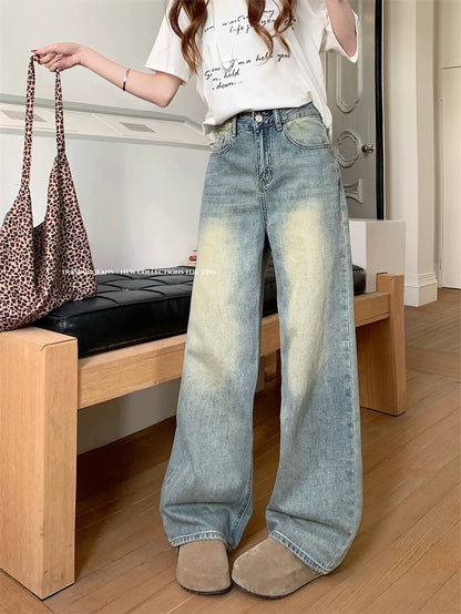 Hong Kong style retro wide-leg jeans for women in spring, old loose straight pants, small high-waisted trousers, mopping pants