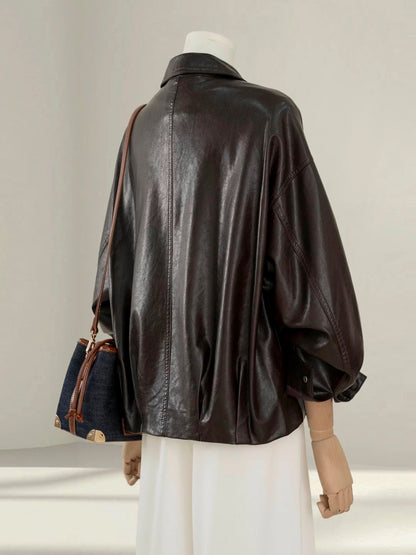 Brown leather jacket for women petite 2025 autumn new loose casual versatile PU leather jacket short top