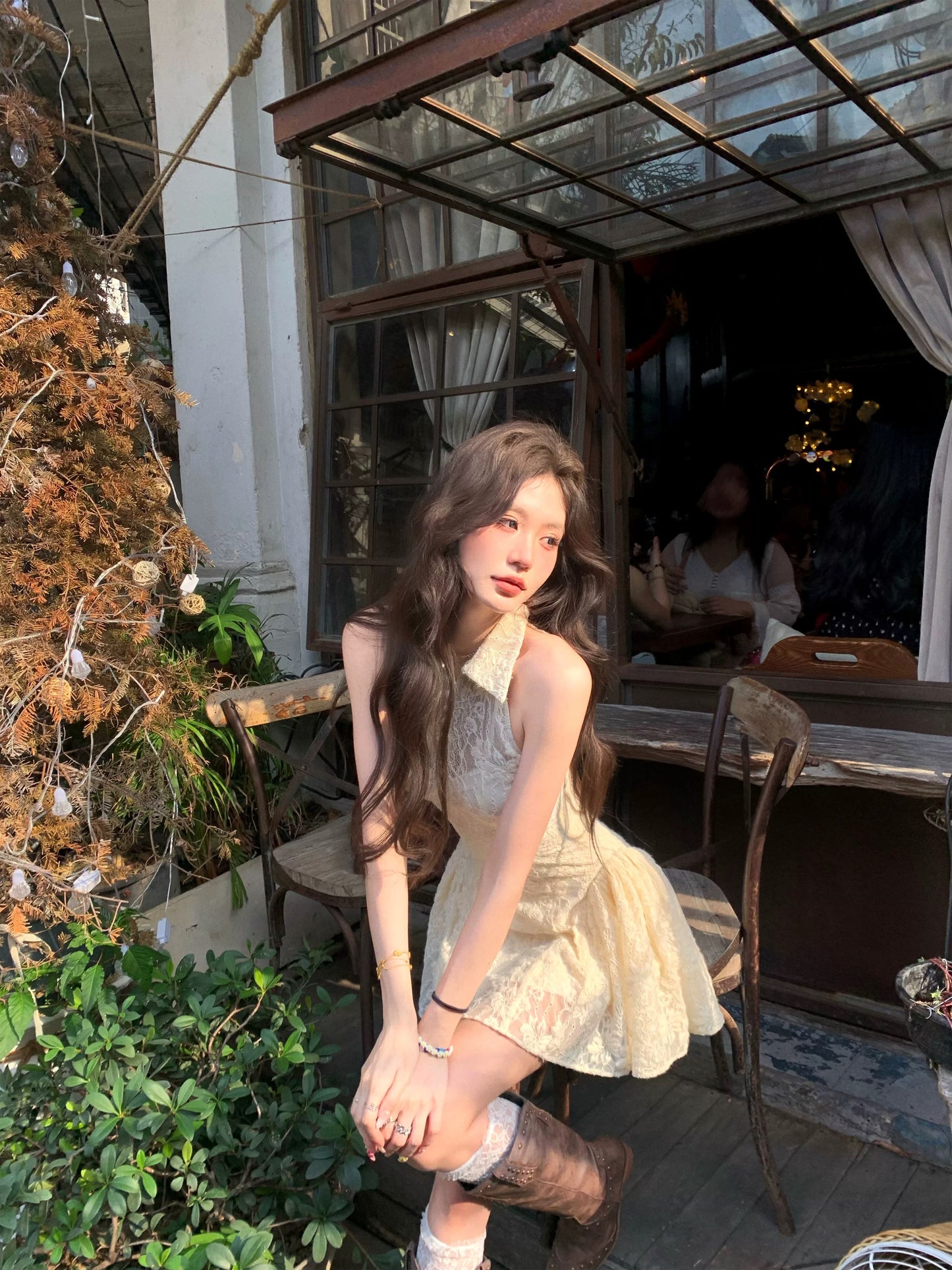 Pinky Piggy Milk Velvet Trap Temperament Halter Lace Splicing Dress Women's Waist Princess Dress