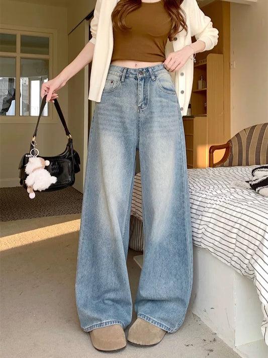PPHOME retro washed wide-leg jeans women's spring American light blue high waist straight pants tall trousers