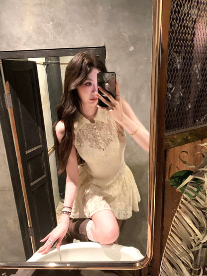 Pinky Piggy Milk Velvet Trap Temperament Halter Lace Splicing Dress Women's Waist Princess Dress