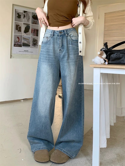 PPHOME retro washed wide-leg jeans women's spring American light blue high waist straight pants tall trousers