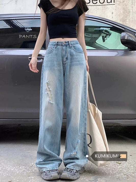 Kumikumi American retro heart-shaped old washed jeans for women in spring low waist loose mopping pants trousers