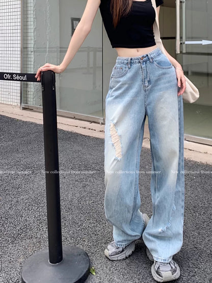Kumikumi American retro heart-shaped old washed jeans for women in spring low waist loose mopping pants trousers