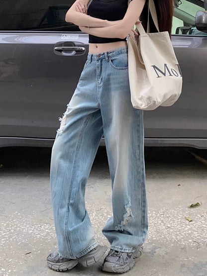 Kumikumi American retro heart-shaped old washed jeans for women in spring low waist loose mopping pants trousers