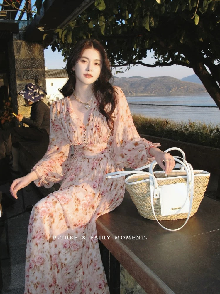 P.tree "Vieira at Sunset" Jacquard Print Long-Sleeved Dress with an Oil Painting Inspiration