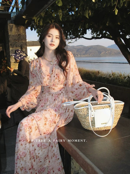 P.tree "Vieira at Sunset" Jacquard Print Long-Sleeved Dress with an Oil Painting Inspiration