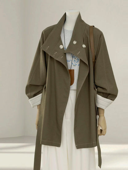 A very nice stand collar trench coat for women with a petite design, 2025 autumn Korean style mid-length coat for age reduction