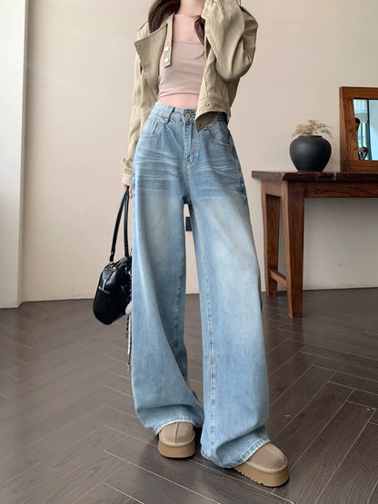 Washed blue wide-leg jeans for women in spring American loose high-waist straight trousers casual slim-fitting floor-length pants