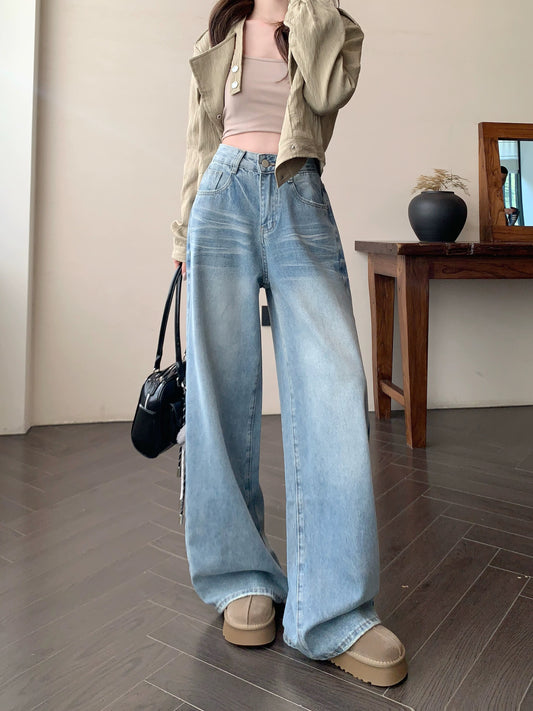 Washed blue wide-leg jeans for women in spring American loose high-waist straight trousers casual slim-fitting floor-length pants