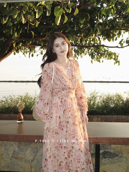 P.tree "Vieira at Sunset" Jacquard Print Long-Sleeved Dress with an Oil Painting Inspiration