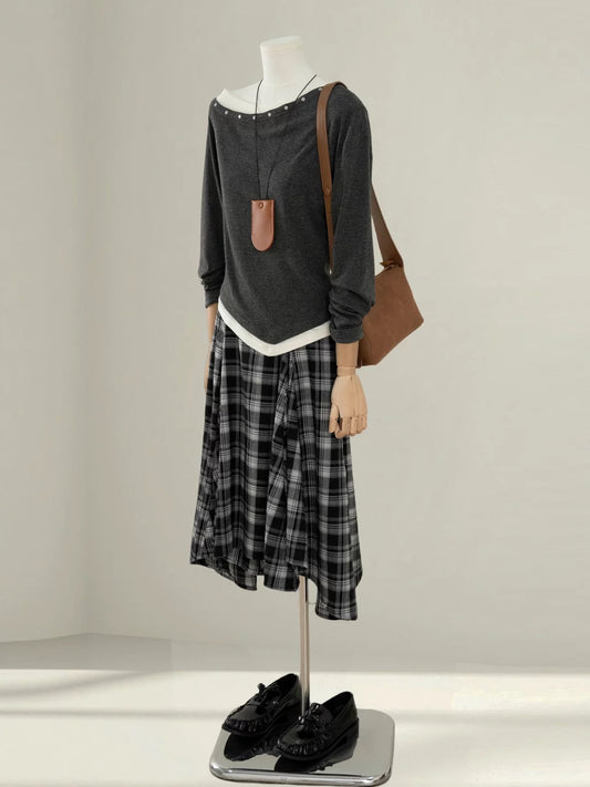 Contrast color top long-sleeved T-shirt suit skirt women 2025 super hot wear a complete set of Korean style super beautiful two-piece suit