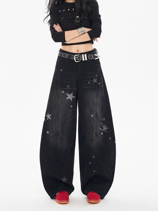 EDX American Retro Print Stylish Scimitar Jeans Women's 2025 Autumn/Winter High-Waisted Loose-Fitting Wide-Leg Scimitar Pants