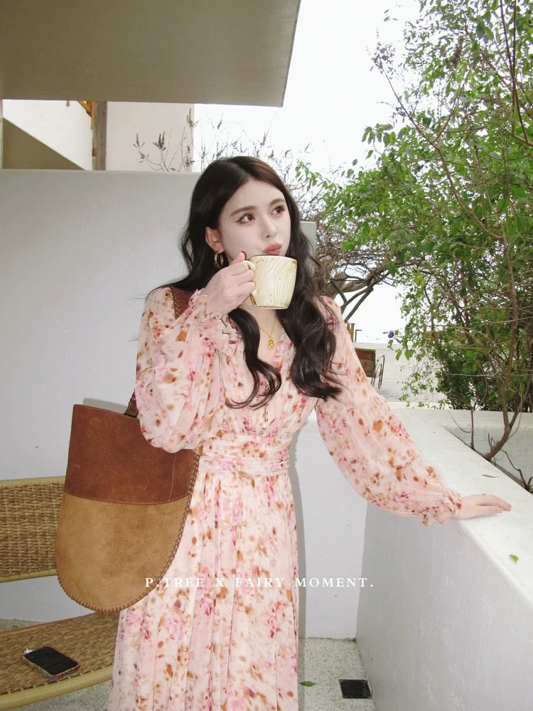 P.tree "Vieira at Sunset" Jacquard Print Long-Sleeved Dress with an Oil Painting Inspiration