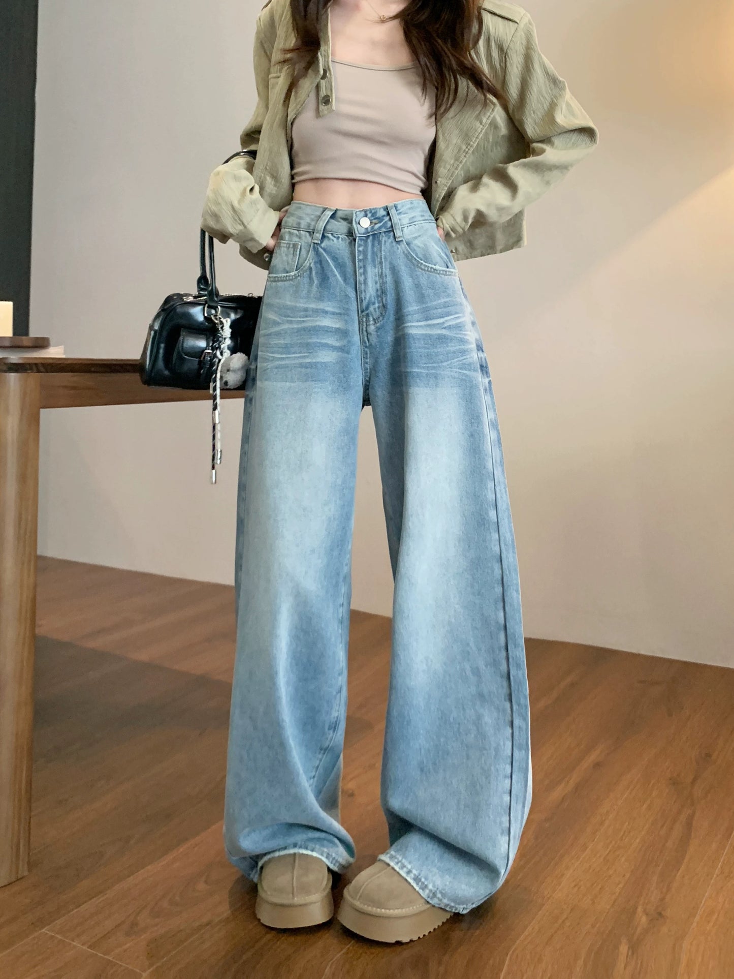 Washed blue wide-leg jeans for women in spring American loose high-waist straight trousers casual slim-fitting floor-length pants