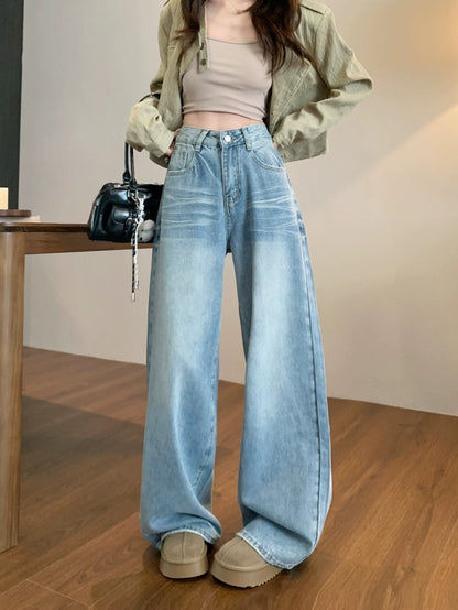 Washed blue wide-leg jeans for women in spring American loose high-waist straight trousers casual slim-fitting floor-length pants