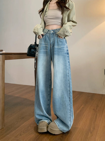 Washed blue wide-leg jeans for women in spring American loose high-waist straight trousers casual slim-fitting floor-length pants