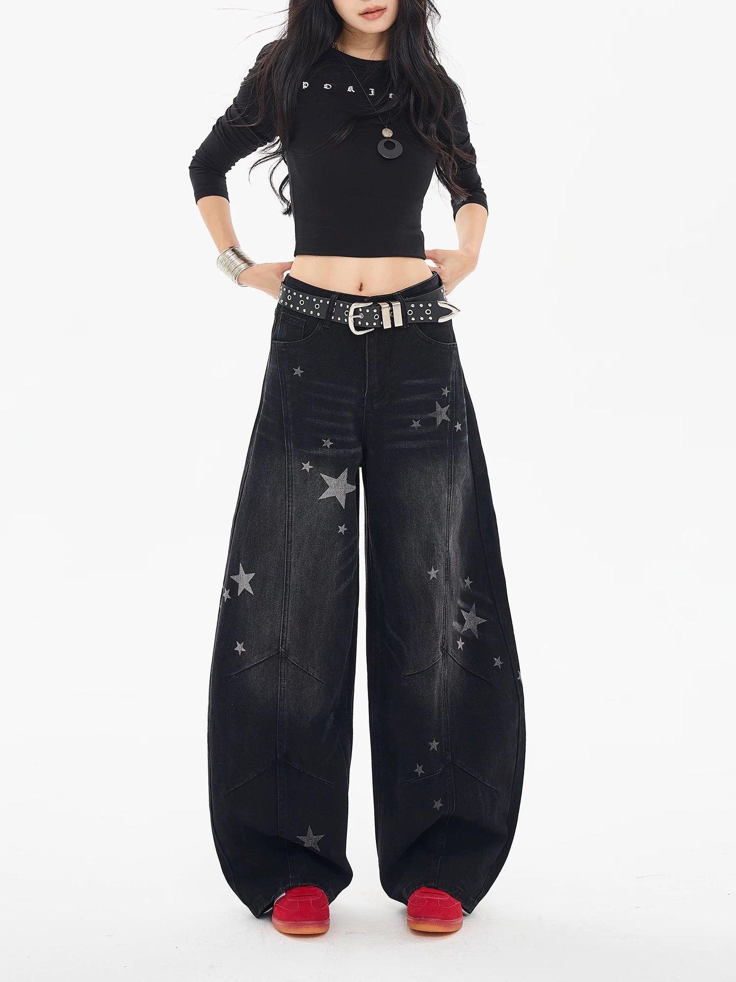 EDX American Retro Print Stylish Scimitar Jeans Women's 2025 Autumn/Winter High-Waisted Loose-Fitting Wide-Leg Scimitar Pants