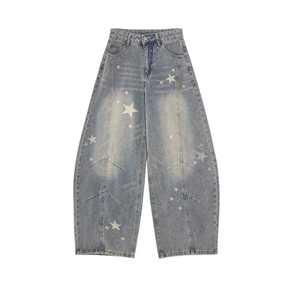 EDX American Retro Print Stylish Scimitar Jeans Women's 2025 Autumn/Winter High-Waisted Loose-Fitting Wide-Leg Scimitar Pants