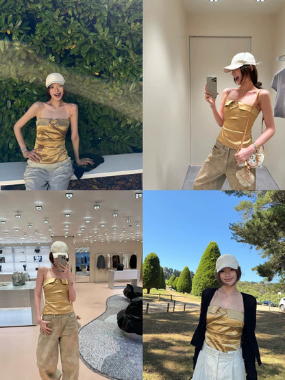 yangzifan vtg Luxury Elegant Camisole Vest for Women, Summer Retro Asymmetrical Gold Strapless Top