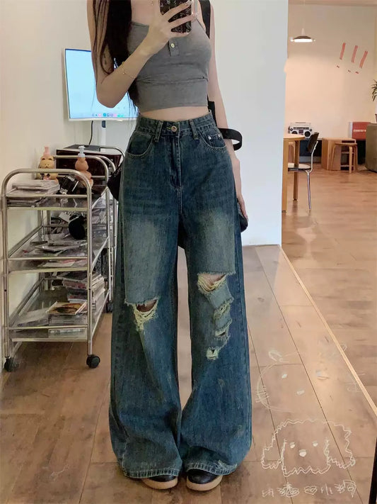 Kumikumi distressed vintage washed ripped jeans for women spring drape high waist slim floor-length pants wide leg pants