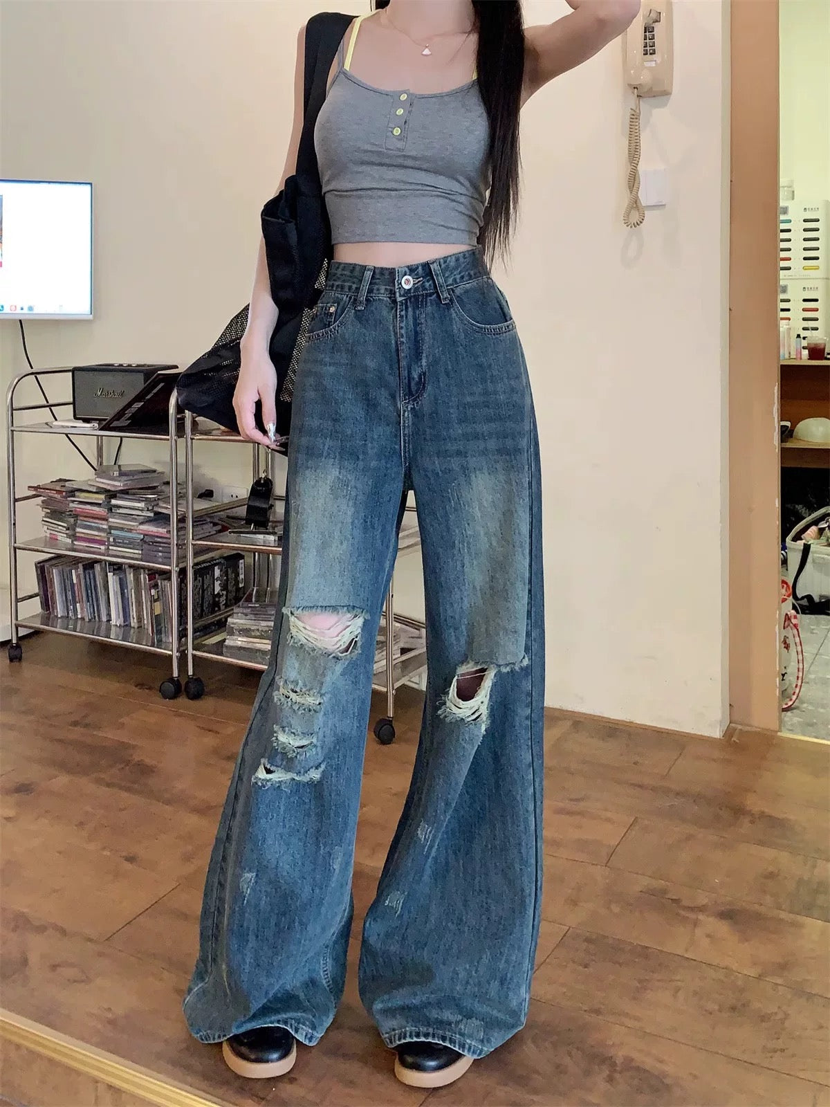 Kumikumi distressed vintage washed ripped jeans for women spring drape high waist slim floor-length pants wide leg pants