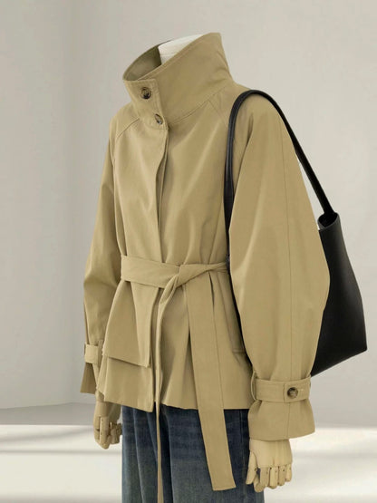 Khaki short windbreaker women's 2025 autumn new style small size very good-looking Korean style slim stand collar jacket