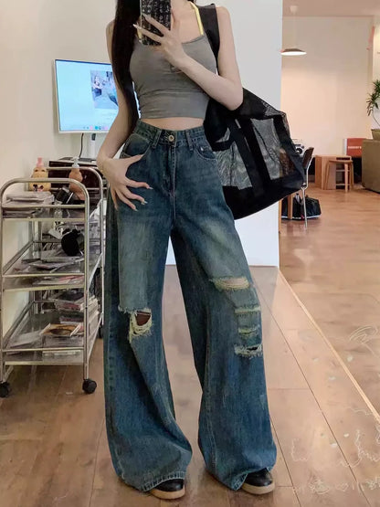 Kumikumi distressed vintage washed ripped jeans for women spring drape high waist slim floor-length pants wide leg pants