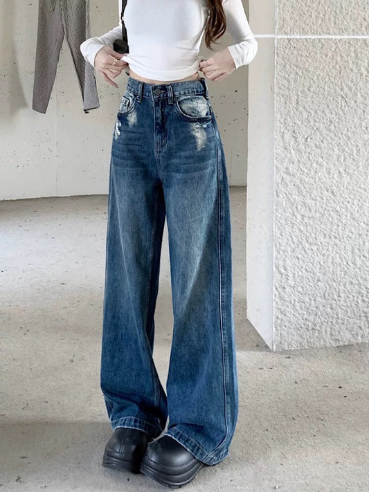 Hong Kong style retro worn wide-leg jeans for women spring new high waist loose slim all-match old washed trousers