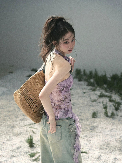 AOMALM's "Bauhinia Blossom" Irregular Slightly Sheer Thin Ribbon T-Shirt for Women, Springtime Pure and Alluring Halter Neck Top