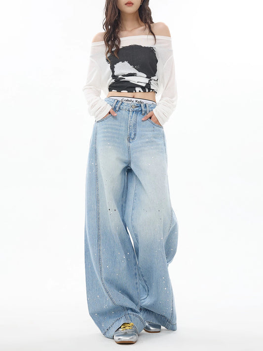 EDX American-style light-colored loose straight-leg jeans for women, trendy high-waisted, slimming, versatile wide-leg trousers for autumn.