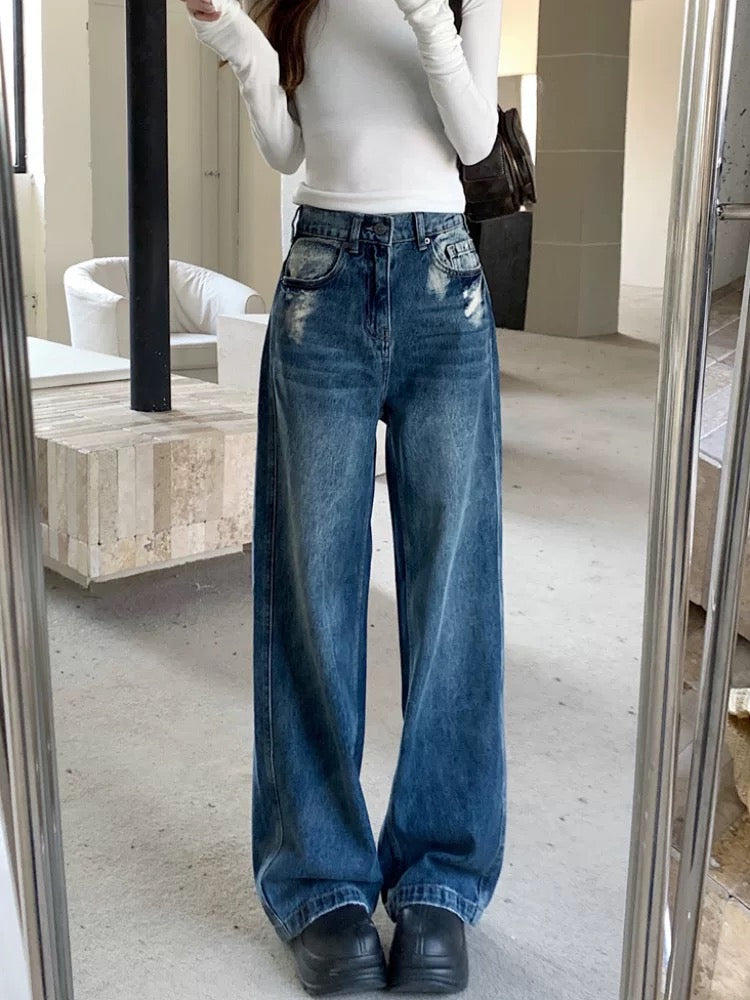 Hong Kong style retro worn wide-leg jeans for women spring new high waist loose slim all-match old washed trousers