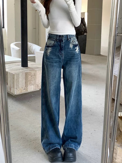 Hong Kong style retro worn wide-leg jeans for women spring new high waist loose slim all-match old washed trousers