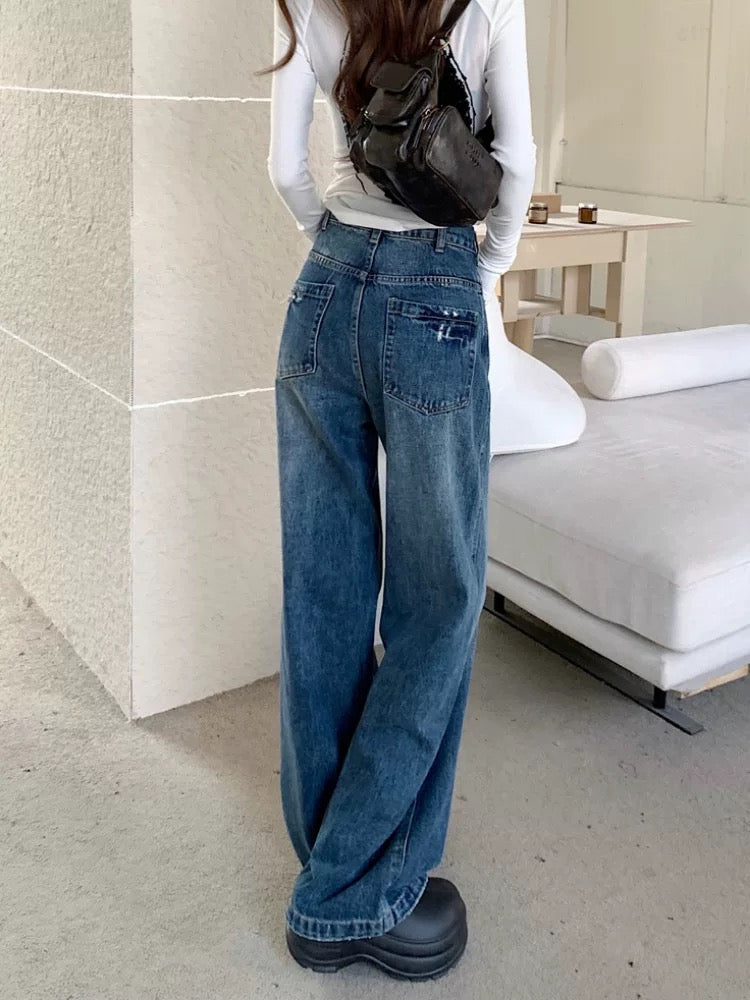 Hong Kong style retro worn wide-leg jeans for women spring new high waist loose slim all-match old washed trousers
