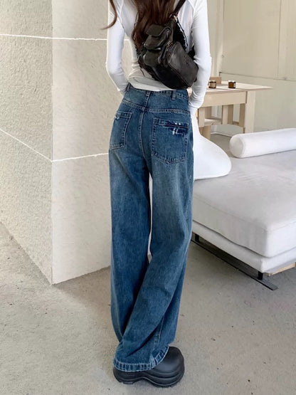 Hong Kong style retro worn wide-leg jeans for women spring new high waist loose slim all-match old washed trousers