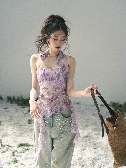 AOMALM's "Bauhinia Blossom" Irregular Slightly Sheer Thin Ribbon T-Shirt for Women, Springtime Pure and Alluring Halter Neck Top