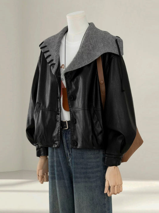 Design sense navy collar black leather jacket women 2025 autumn new Korean loose small size super hot top