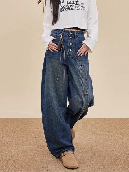 EDX American-style curved blade jeans for women, 2025 Fall/Winter, retro button and sickle design, high-waisted wide-leg curved blade pants.