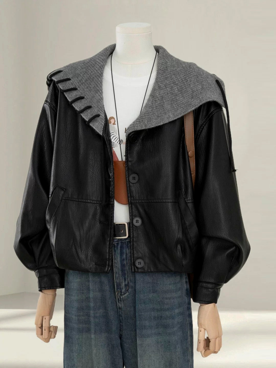 Design sense navy collar black leather jacket women 2025 autumn new Korean loose small size super hot top