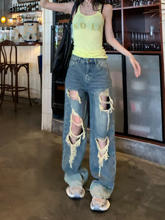 American retro ripped jeans for women spring tassel loose wide-leg pants design high waist trousers mopping pants