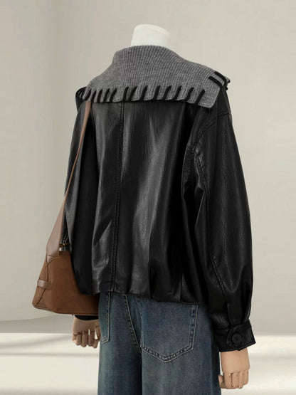 Design sense navy collar black leather jacket women 2025 autumn new Korean loose small size super hot top