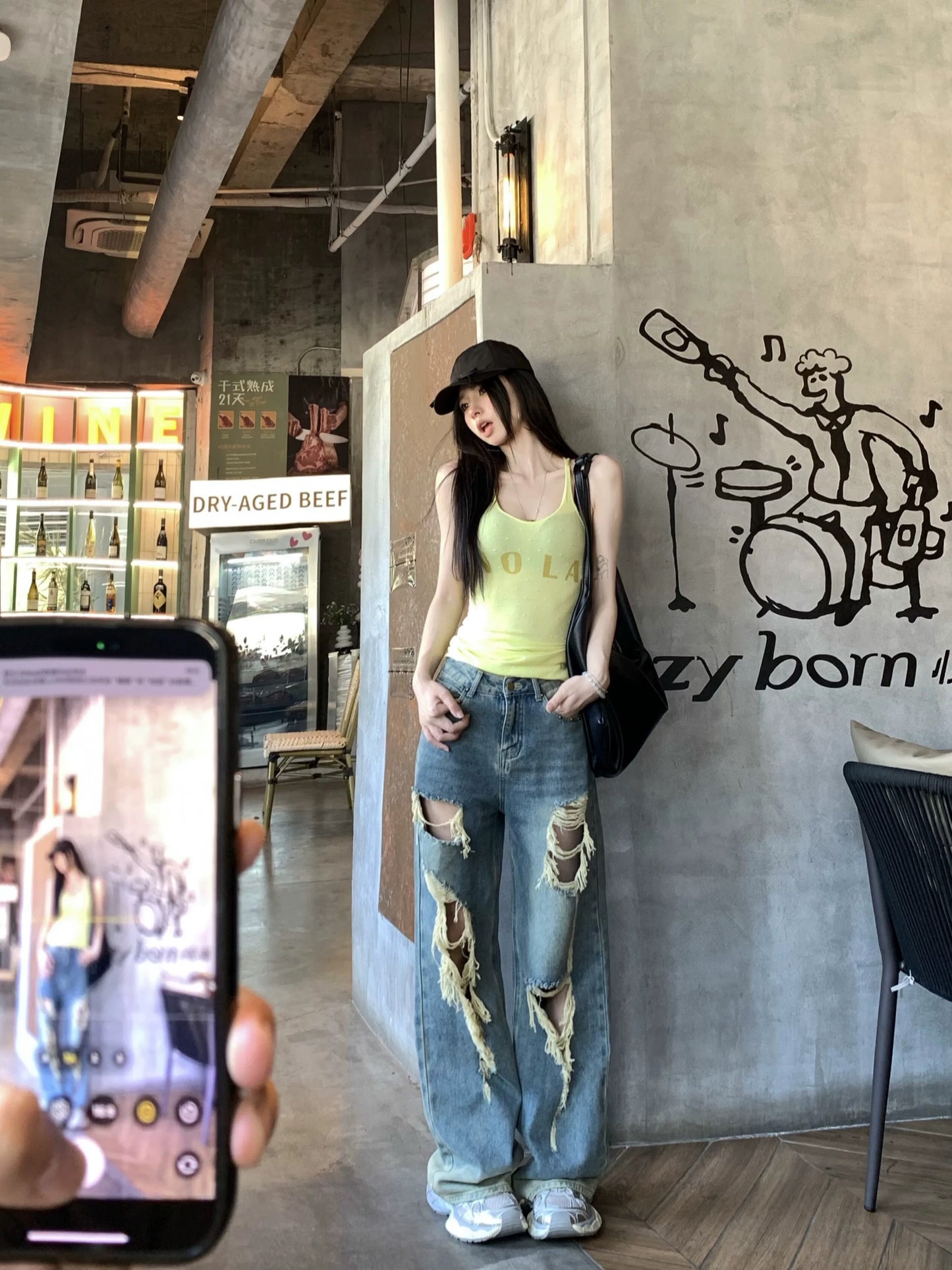 American retro ripped jeans for women spring tassel loose wide-leg pants design high waist trousers mopping pants