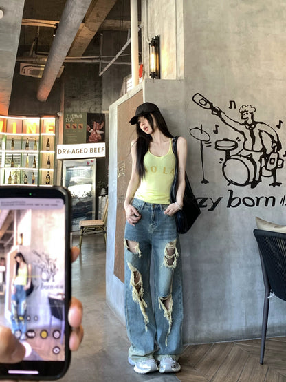 American retro ripped jeans for women spring tassel loose wide-leg pants design high waist trousers mopping pants